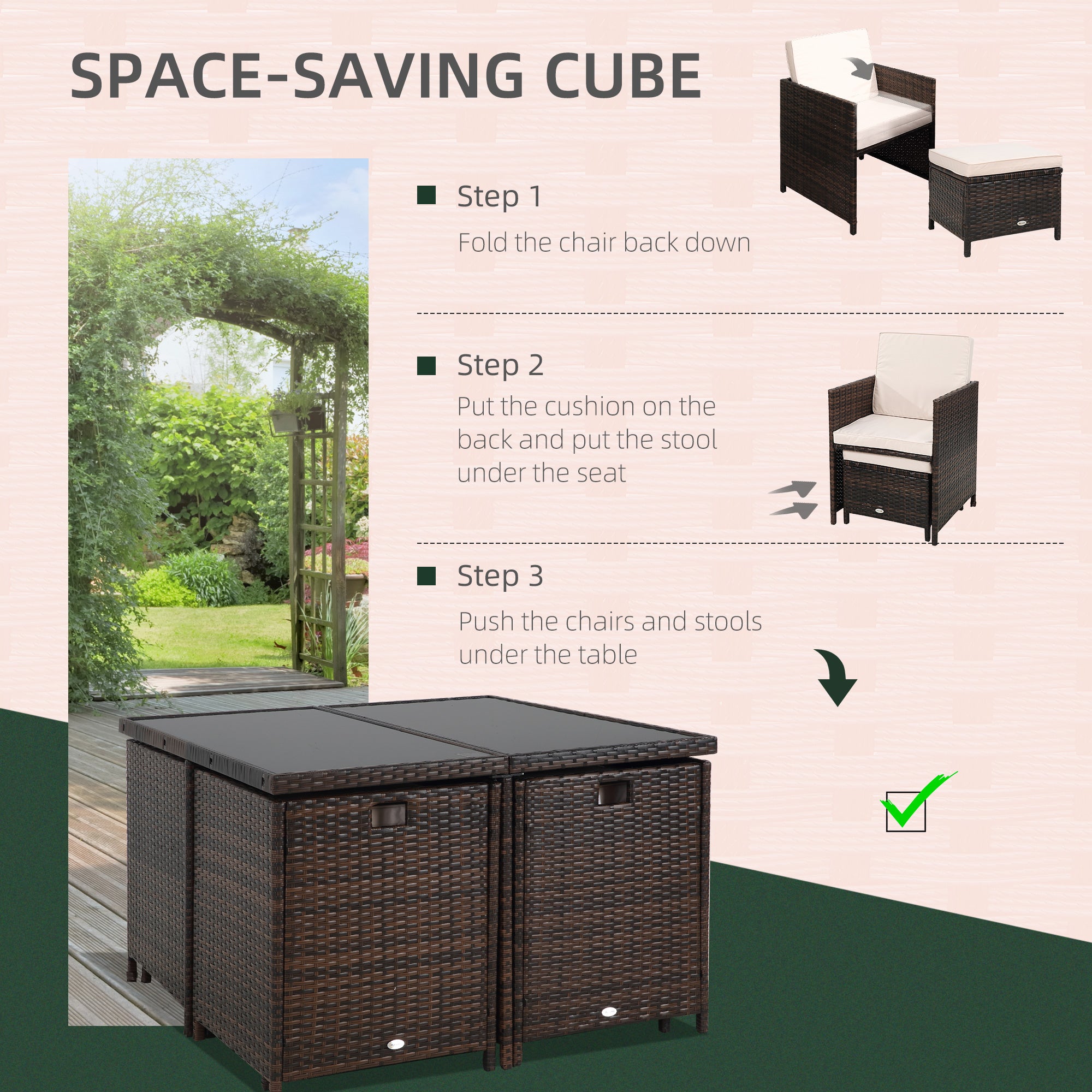 Outsunny 8 Seater Rattan Cube Garden Furniture Set, Rattan Dining Set with Cushions, Outdoor Dining Table and Chairs with 4 Armchairs, 4 Stools, Square Glass Top Table for Patio, Balcony, Brown 