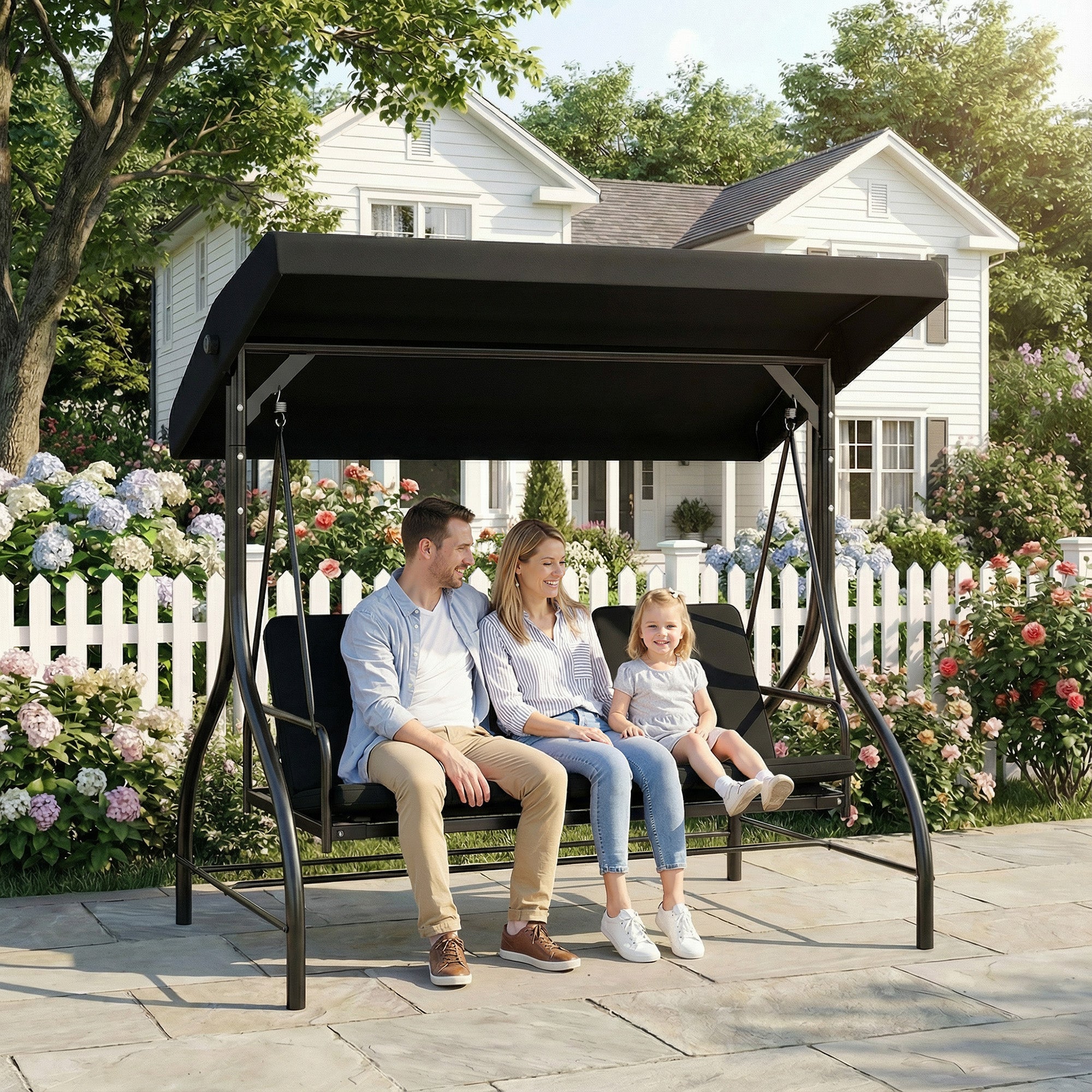 Outsunny 3 Seater Canopy Swing Chair, 2 in 1 Garden Swing Seat Bed, with Adjustable Canopy and Metal Frame, Black 