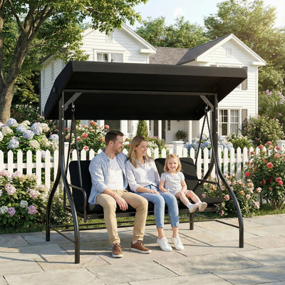Outsunny 3 Seater Canopy Swing Chair, 2 in 1 Garden Swing Seat Bed, with Adjustable Canopy and Metal Frame, Black 
