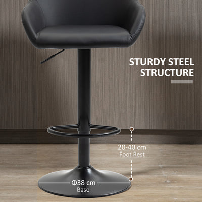 HOMCOM Bar Stools Set of 2, Height Adjustable Swivel Barstools, PU Leather Kitchen Stools with Backs, Armrests and Footrest for Home, Counter and Dining Room, Black 