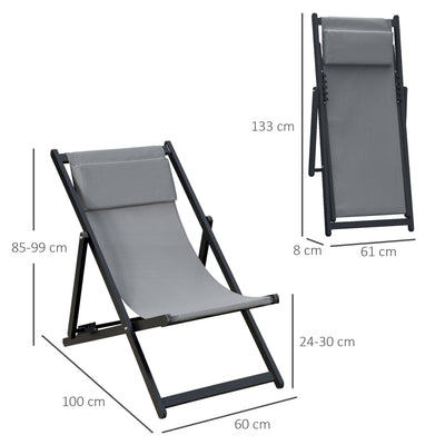 Outsunny Set of 2 Folding Garden Beach Aluminium Frame Deck Chairs Deckchairs Seaside Folding Garden Patio Lounger, Grey 