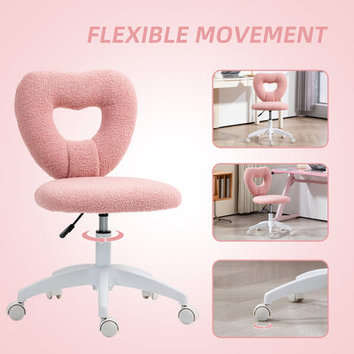 HOMCOM Armless Heart Computer Desk Chair, Teddy Fleece Swivel Office Chair, Makeup Vanity Chair with Height Adjustable, Wheels, for Home Study Bedroom, Pink 