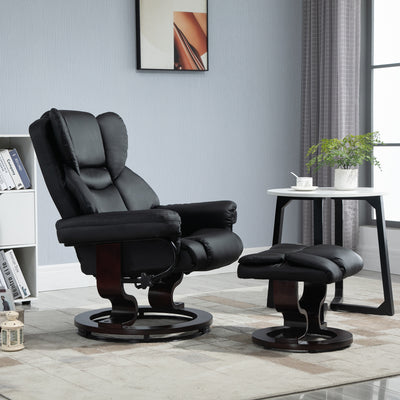 HOMCOM Faux Leather Recliner Chair and Footstool, Swivel Upholstered Armchair and Footstool with Adjustable Backrest, Solid Wood Base for Living Room, Black 