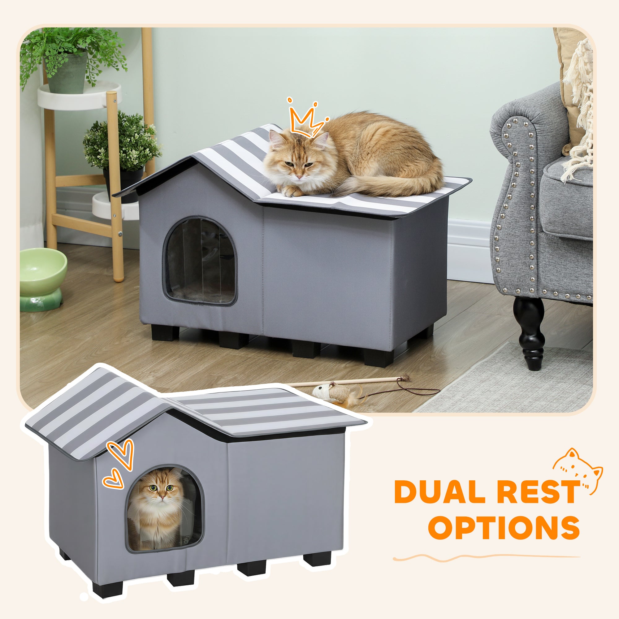 PawHut Outdoor Cat House, Weather Resistant Feral Cat Cave with Elevated Base and Cushion for Winter, Grey 