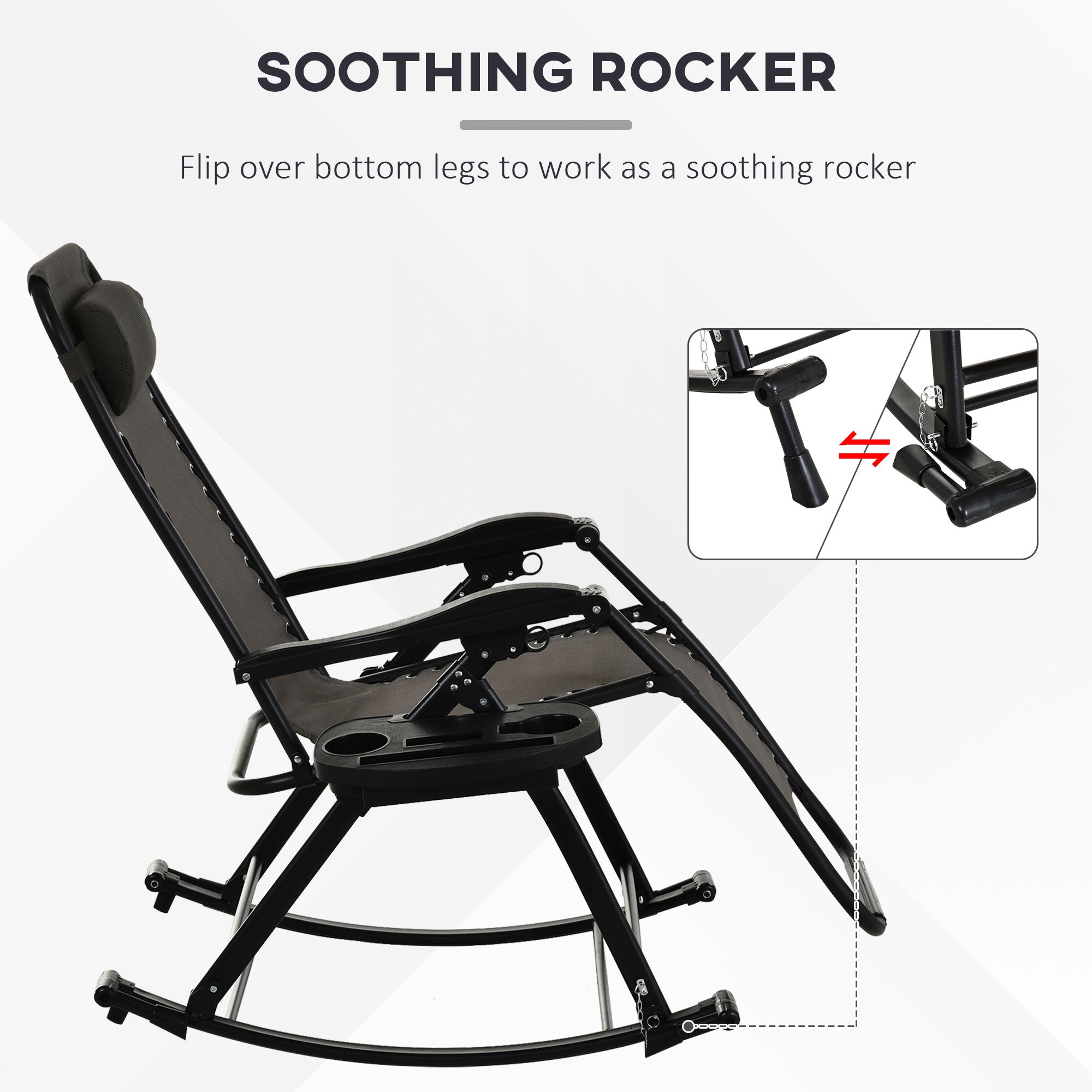 Outsunny Garden Rocking Chair Folding Recliner Outdoor Adjustable Sun Lounger Rocker Zero-Gravity Seat with Headrest Side Holder Patio Deck - Grey 