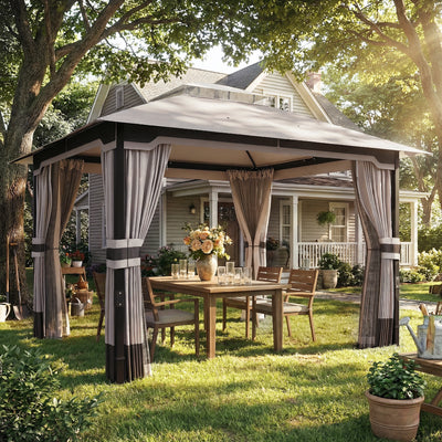 Outsunny 3 x 3.6 m Outdoor Garden Gazebo with Netting and Curtains, Double Roof Patio Gazebo Permanent Pavilion, Khaki 