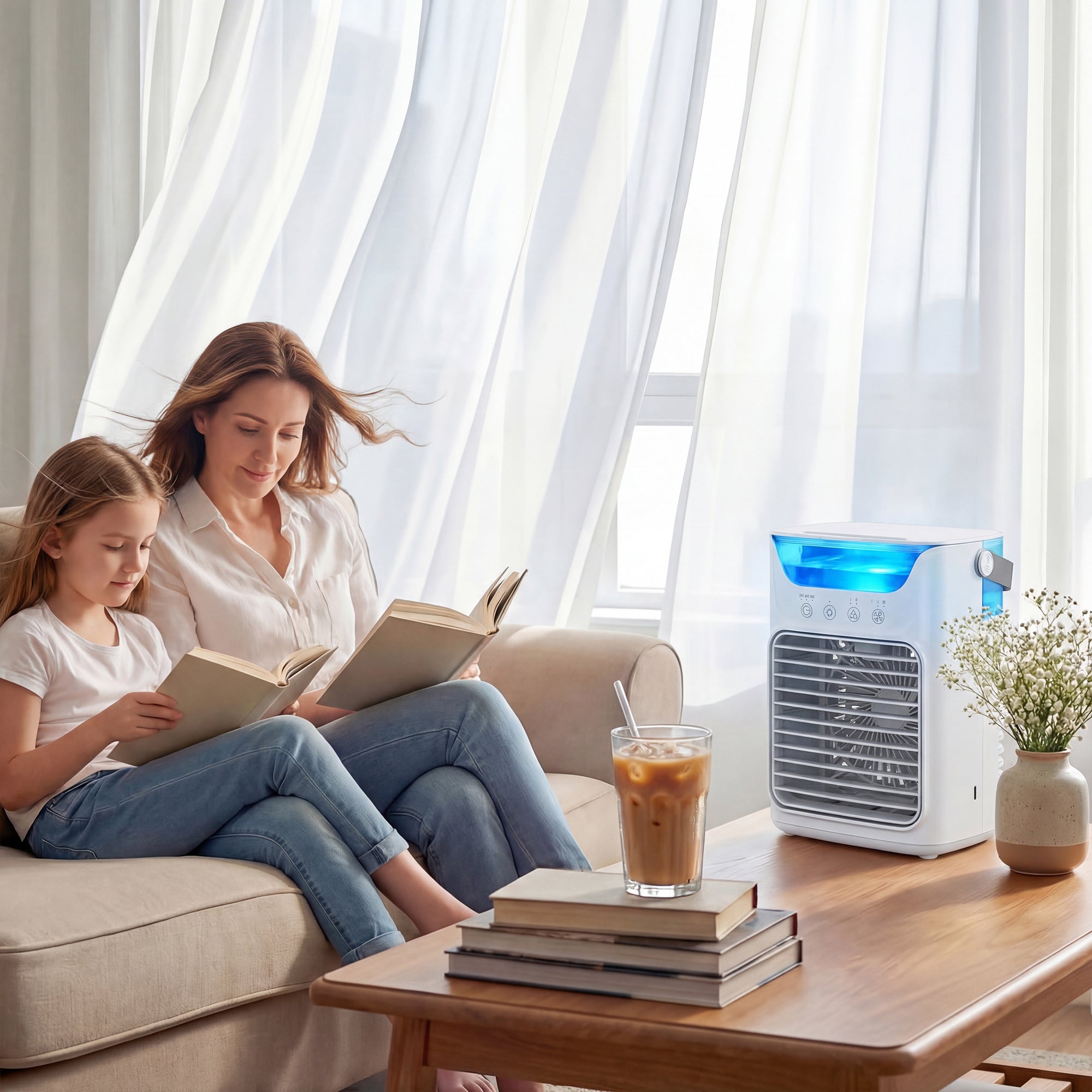 HOMCOM Air Cooler with Adjustable Head, Portable Air Conditioner with 3 Wind Speed, 2 Cool Mist, RGB Light, White 