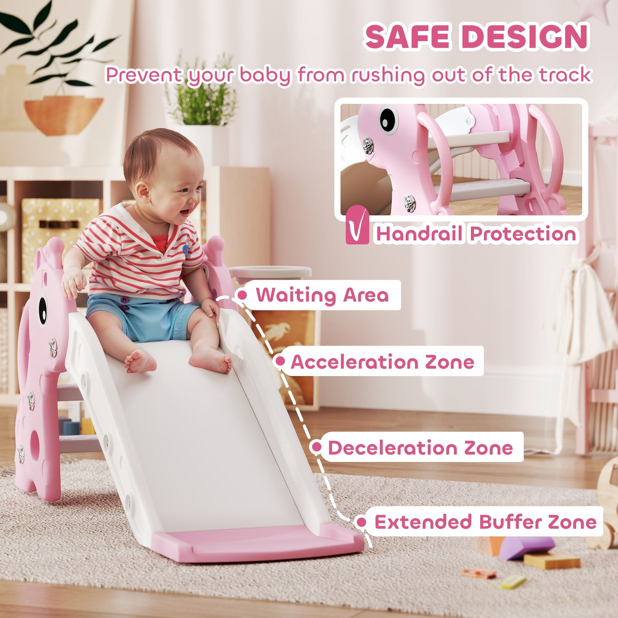 AIYAPLAY 3 in 1 Kids Slide with Climber, Basketball Hoop and Ball, Giraffe Shape Climber Slide for Indoor Kids Age 1-3, Pink 
