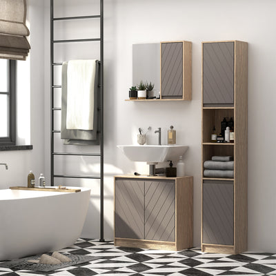 HOMCOM Freestanding Bathroom Storage Cabinet w/ 2 Cupboards 2 Compartments Home Organisation Anti-Tipping Elevated Base 30L x 24W x 170H cm Grey&Brown 