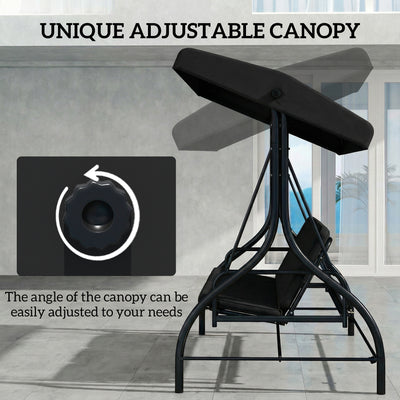 Outsunny 3 Seater Canopy Swing Chair, 2 in 1 Garden Swing Seat Bed, with Adjustable Canopy and Metal Frame, Black 