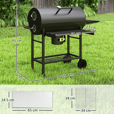 Outsunny Charcoal BBQ Grill with Foldable Front Side Shelf, Portable Barbecue Smoker with Warming Rack, Bottom Shelf, Lid, Temperature Gauge, Wheels for Outdoor Cooking Garden Party, Black 