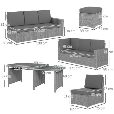 Outsunny Seven-Piece Rattan Garden Sofa Set, with Expanding Table - Light Grey 