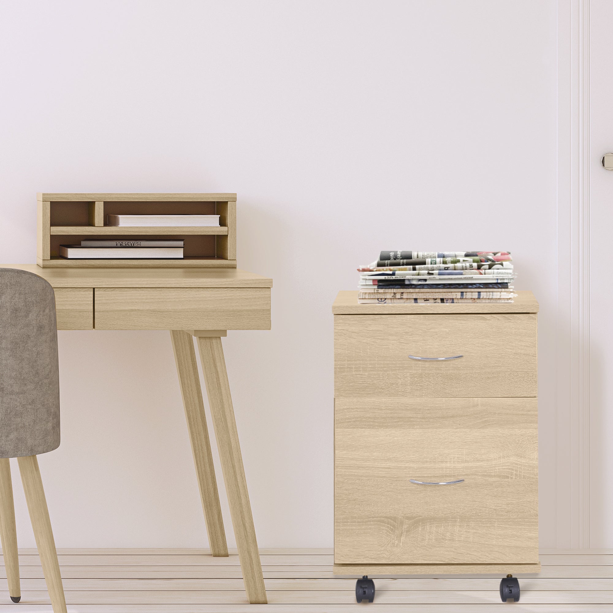 HOMCOM Two Drawer Filing Cabinet with Wheels- Oak 