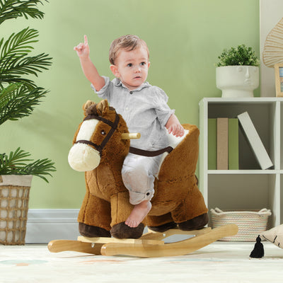 AIYAPLAY Kids Rocking Horse, Plush Ride on Horse, with Sound, Wood Base, for Ages 18-36 Months, Brown 
