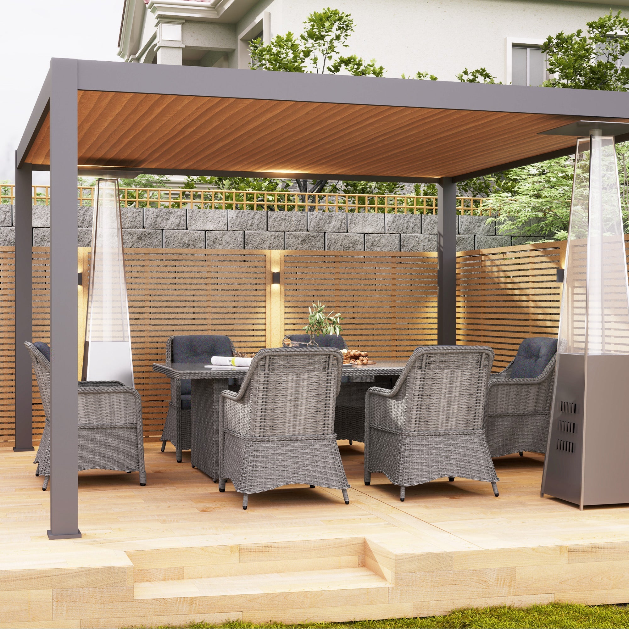 Outsunny 6 Seater Rattan Dining Set, Round PE Rattan Garden Furniture Set with Seat and Back Cushions, Aluminium Outdoor Dining Table and Chairs with 6 Armchairs, Rectangular Glass Top Table, Grey 