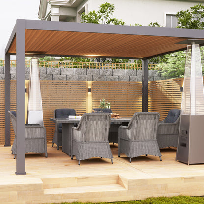 Outsunny 6 Seater Rattan Dining Set, Round PE Rattan Garden Furniture Set with Seat and Back Cushions, Aluminium Outdoor Dining Table and Chairs with 6 Armchairs, Rectangular Glass Top Table, Grey 
