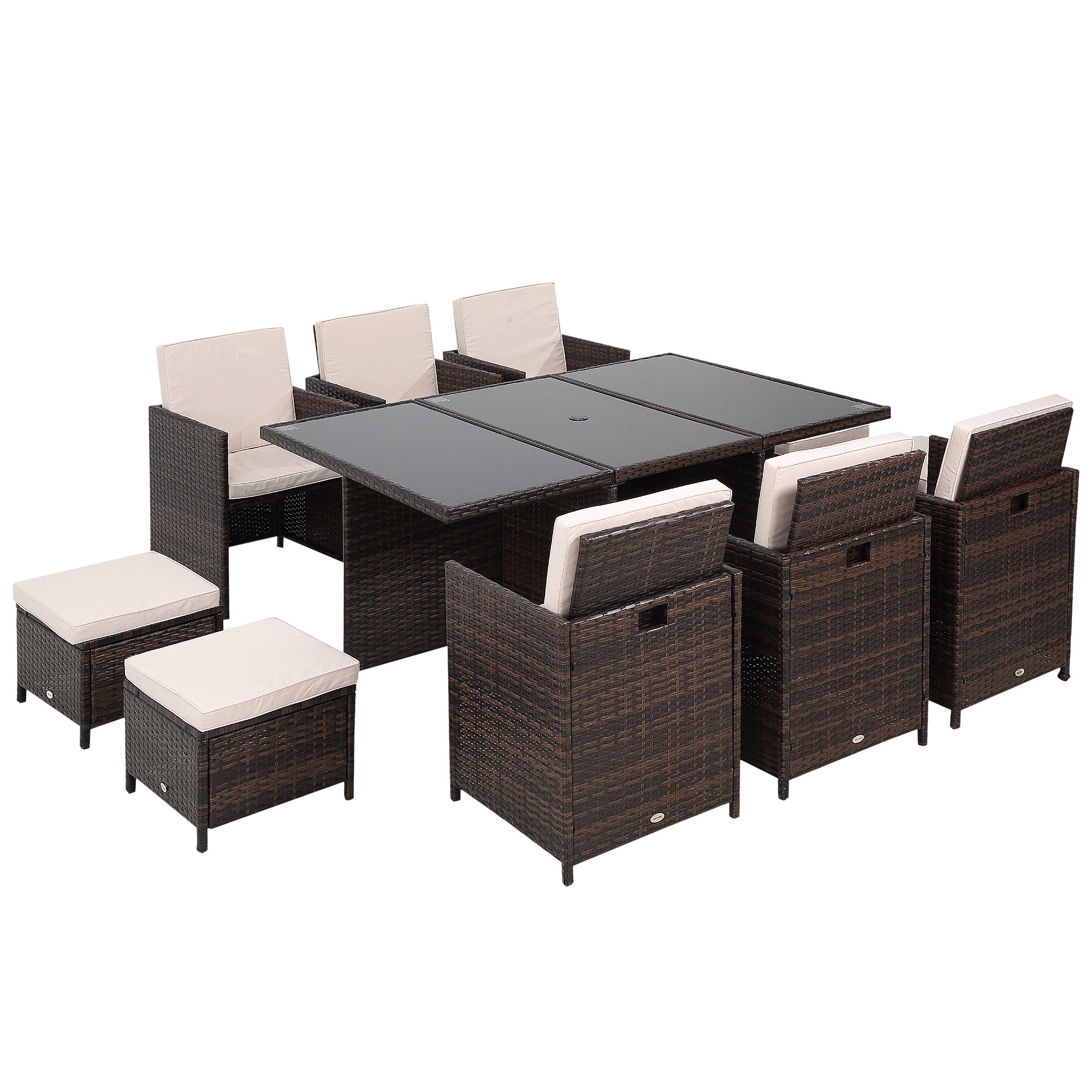 Outsunny 10 Seater Rattan Cube Garden Furniture Set with Parasol Hole, Rattan Dining Set with Cushions, Outdoor Dining Table and Chairs with Rectangular Glass Top Table for Patio, Mixed Brown 