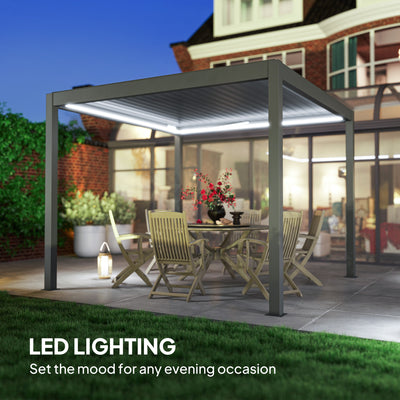 Outsunny 3 x 3(m) Electric Louvered Pergola with LED Lights, Aluminium Pergola Hardtop Gazebo with Remote, Adjustable Roof and Drainage System, Water and UV Proof 