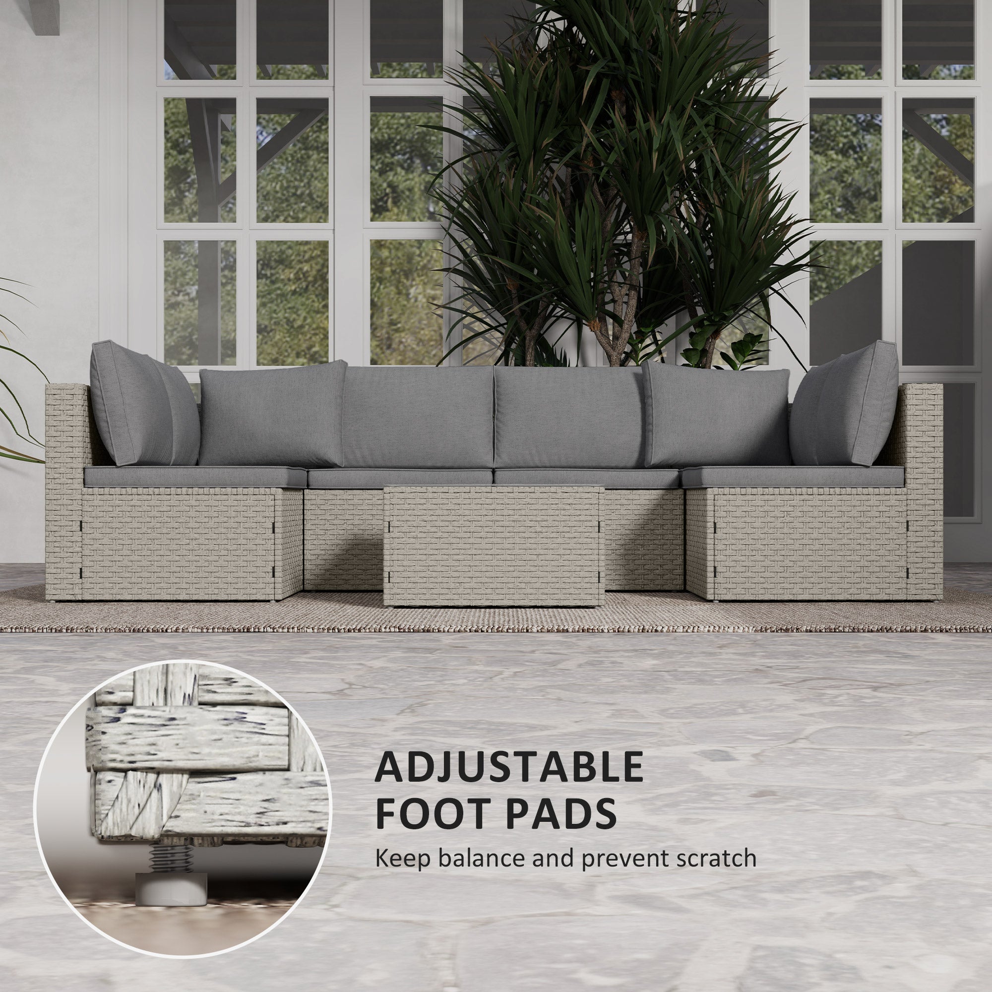 Outsunny 7 Pieces Rattan Garden Furniture Set, 6 Seater Garden Corner Sofa with Wide Seat, Cushions and Glass Top Table, Sectional Outdoor Furniture Conservatory Set for Patio, Light Brown 
