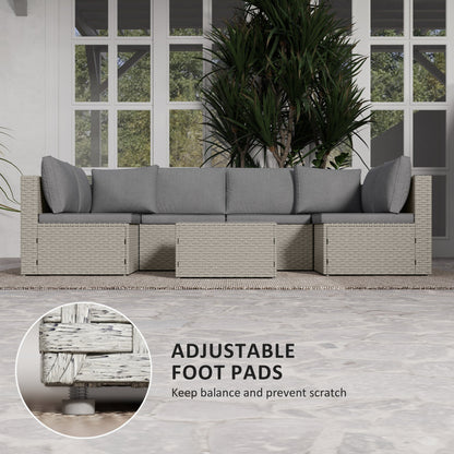 Outsunny 7 Pieces Rattan Garden Furniture Set, 6 Seater Garden Corner Sofa with Wide Seat, Cushions and Glass Top Table, Sectional Outdoor Furniture Conservatory Set for Patio, Light Brown 
