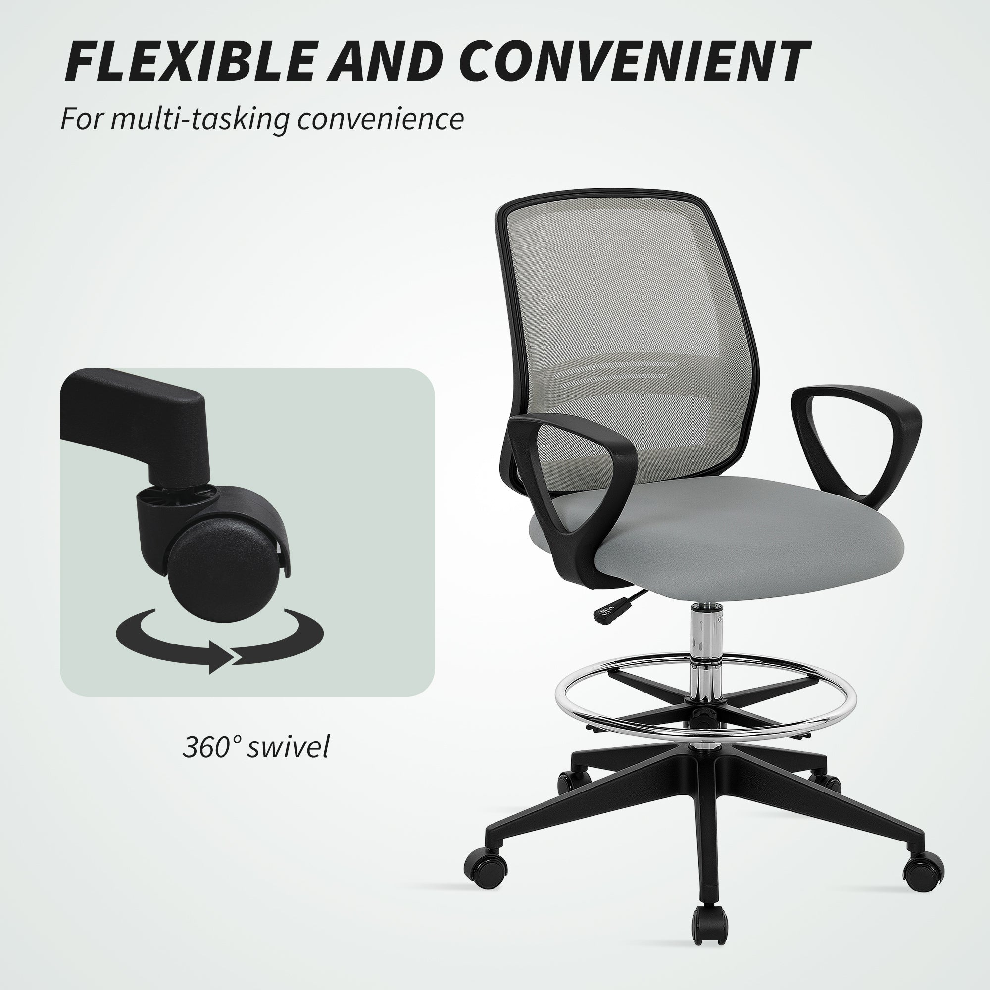 Vinsetto 100-120cm Draughtsman Office Chair, with Footrest - Light Grey