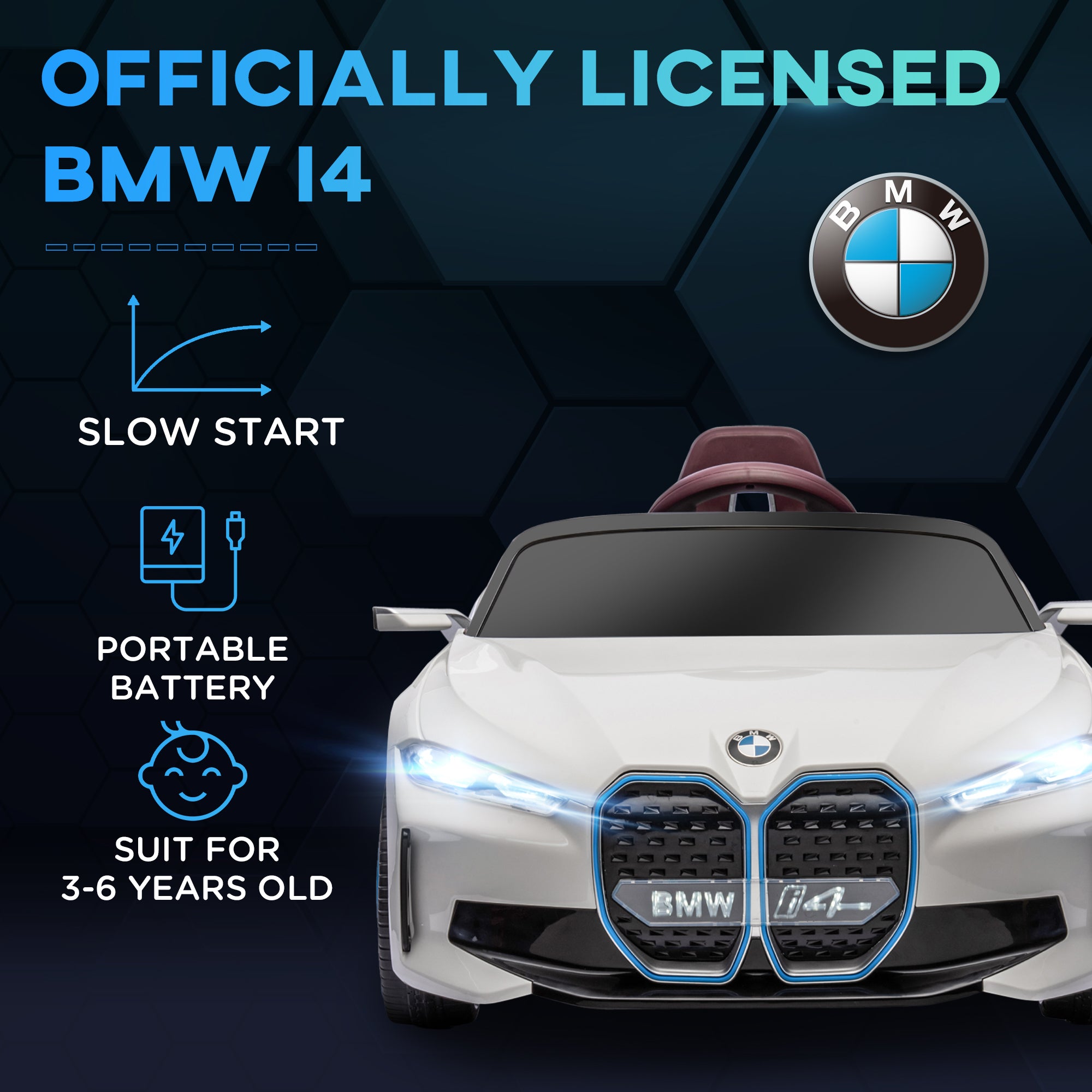 HOMCOM BMW i4 Licensed 12V Kids Electric Ride-On Car, White, red and light blue