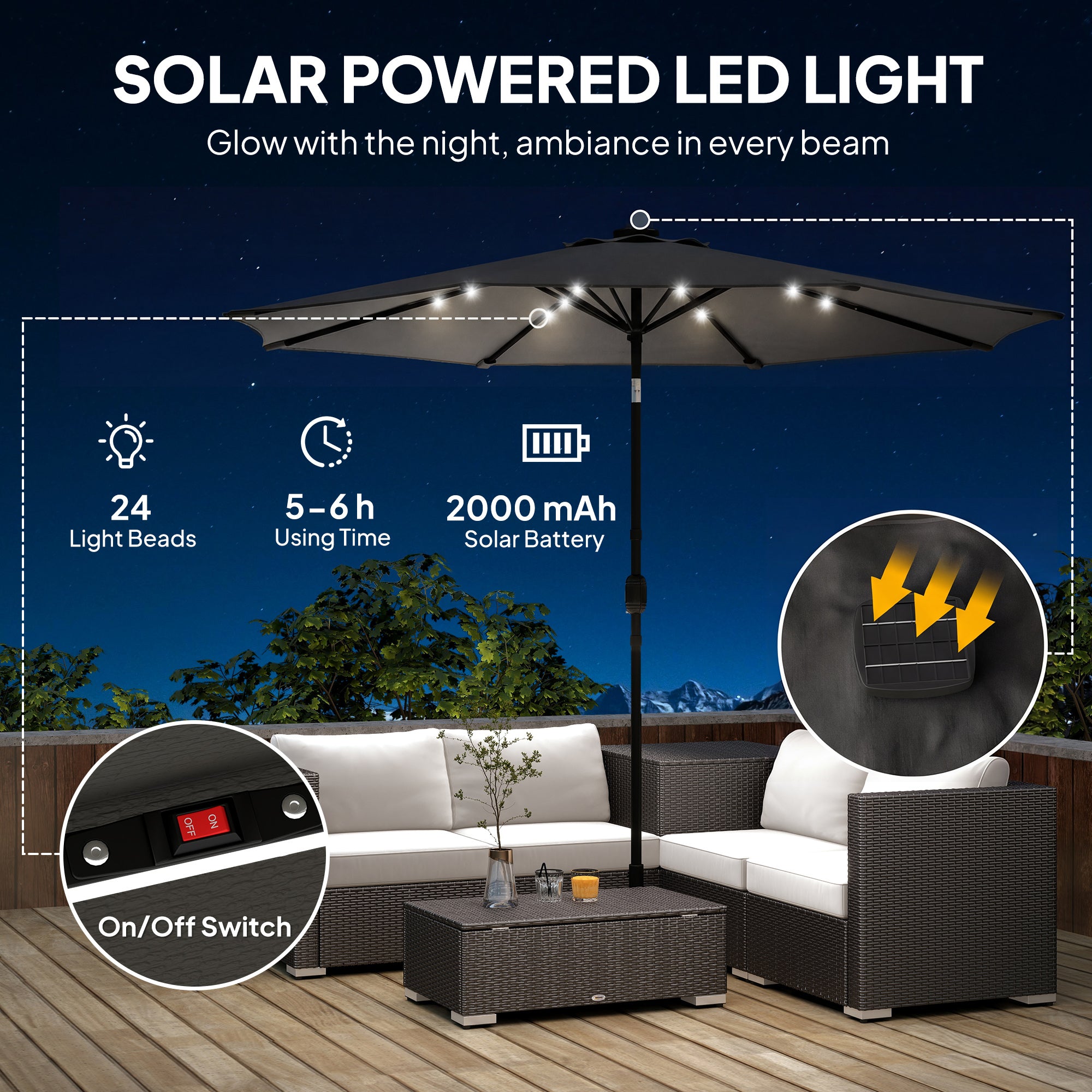 Outsunny 2.6 m Garden Parasol Umbrella with LED Solar Light, Parasol Cover, Outdoor Market Patio Umbrella, Black 