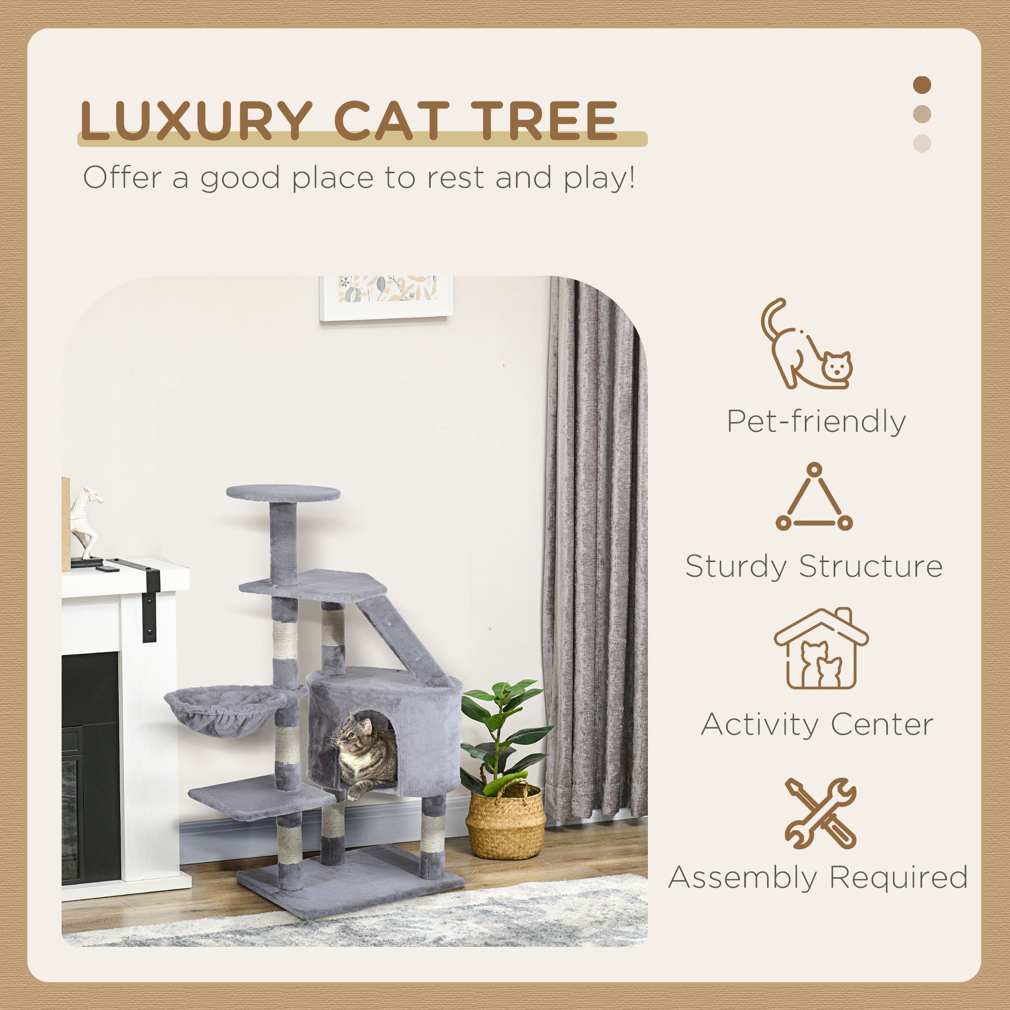 PawHut Cat Tree for Indoor Cats Kitten Scratching Post Scratch Scratcher Climb Activity Center Play House Pet Furniture 125cm (Grey) 