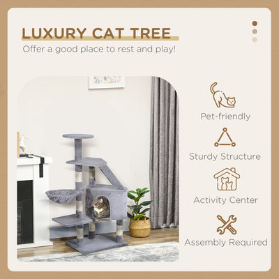 PawHut Cat Tree for Indoor Cats Kitten Scratching Post Scratch Scratcher Climb Activity Center Play House Pet Furniture 125cm (Grey) 