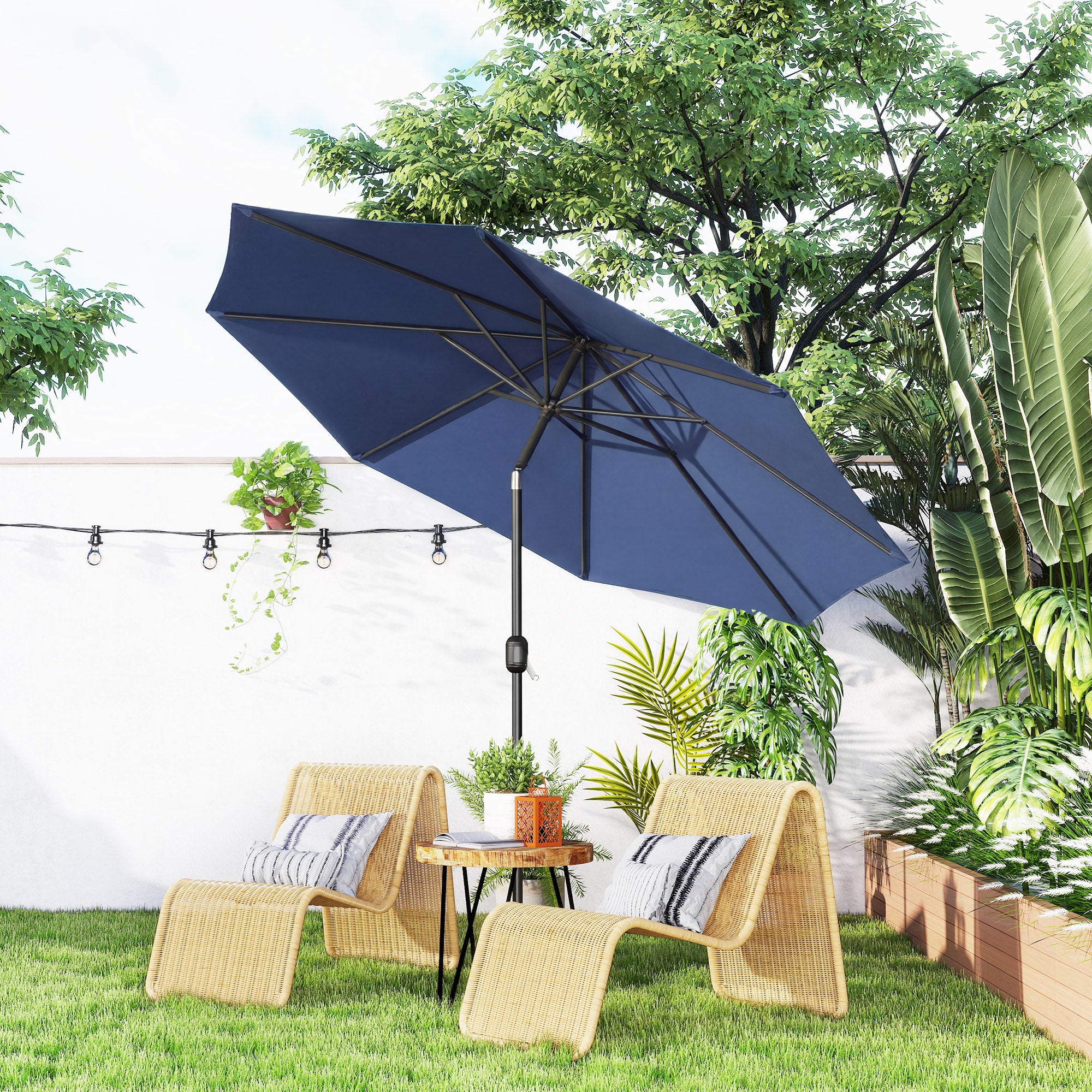Outsunny 3 m Garden Parasol Umbrellas, Outdoor Sun Shade with 8 Ribs, Tilt and Crank Handle, Navy Blue 