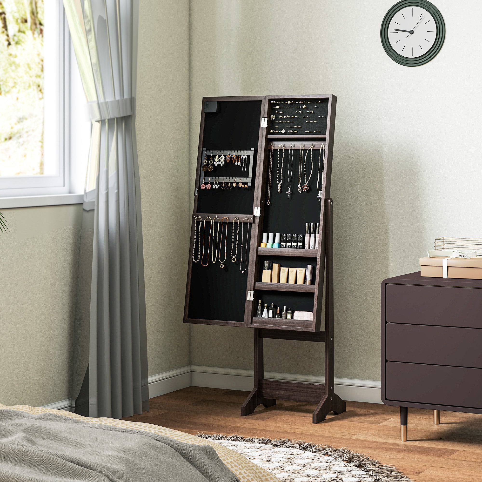 HOMCOM Free Standing Mirror Jewelry Cabinet with LED Lights, Jewellery Organiser with 3 Angle Adjustable, Full-Length Mirror with Storage for Earrings, Necklaces, Rings and Lipsticks, Dark Brown