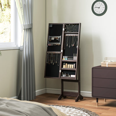 HOMCOM Free Standing Mirror Jewelry Cabinet with LED Lights, Jewellery Organiser with 3 Angle Adjustable, Full-Length Mirror with Storage for Earrings, Necklaces, Rings and Lipsticks, Dark Brown 
