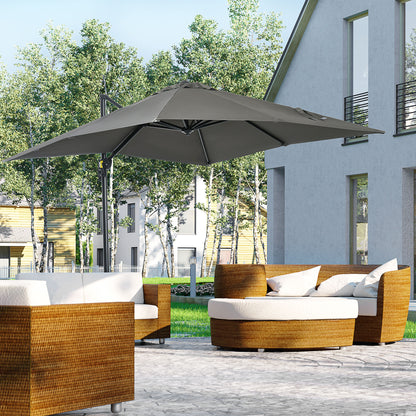 Outsunny 2.5 x 2.5m Patio Offset Parasol Umbrella Cantilever Hanging Aluminium Sun Shade Canopy Shelter 360\'c2\'b0 Rotation with Crank Handle and Cross Base, Grey