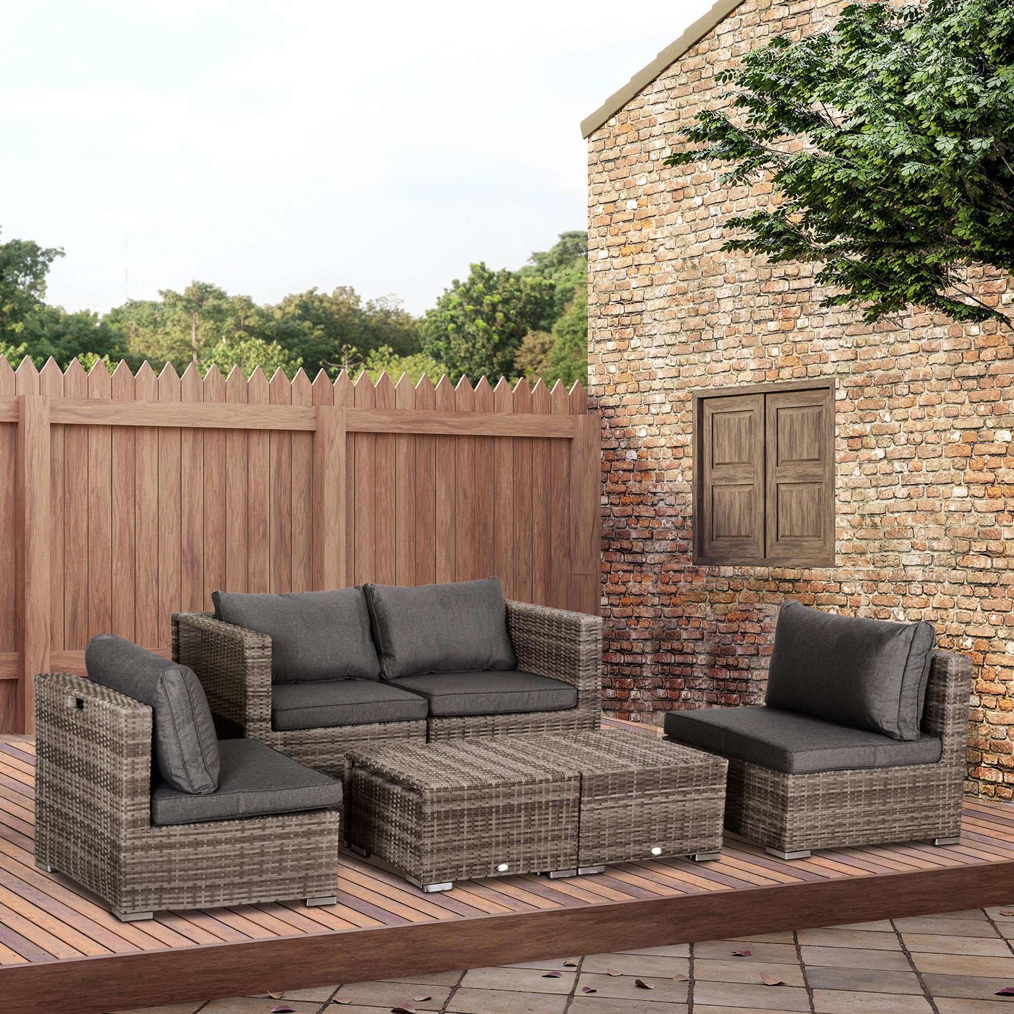 Outsunny 8 Pieces Rattan Garden Furniture Set, Garden Corner Sofa Set with 4 Chairs, 2 Footstools, 2 Coffee Tables and Cushions, Space-Saving Design, No Assembly Required, Grey 
