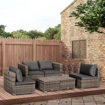 Outsunny 8 Pieces Rattan Garden Furniture Set, Garden Corner Sofa Set with 4 Chairs, 2 Footstools, 2 Coffee Tables and Cushions, Space-Saving Design, No Assembly Required, Grey 