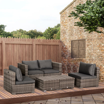 Outsunny 8 Pieces Rattan Garden Furniture Set, Garden Corner Sofa Set with 4 Chairs, 2 Footstools, 2 Coffee Tables and Cushions, Space-Saving Design, No Assembly Required, Grey 