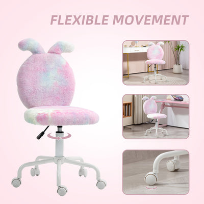 HOMCOM Fuzzy Office Chair with Bunny Ears, Faux Fur Swivel Desk Chair, Armless Makeup Vanity Chair with Adjustable Height for Bedroom, Study Room, Colourful 