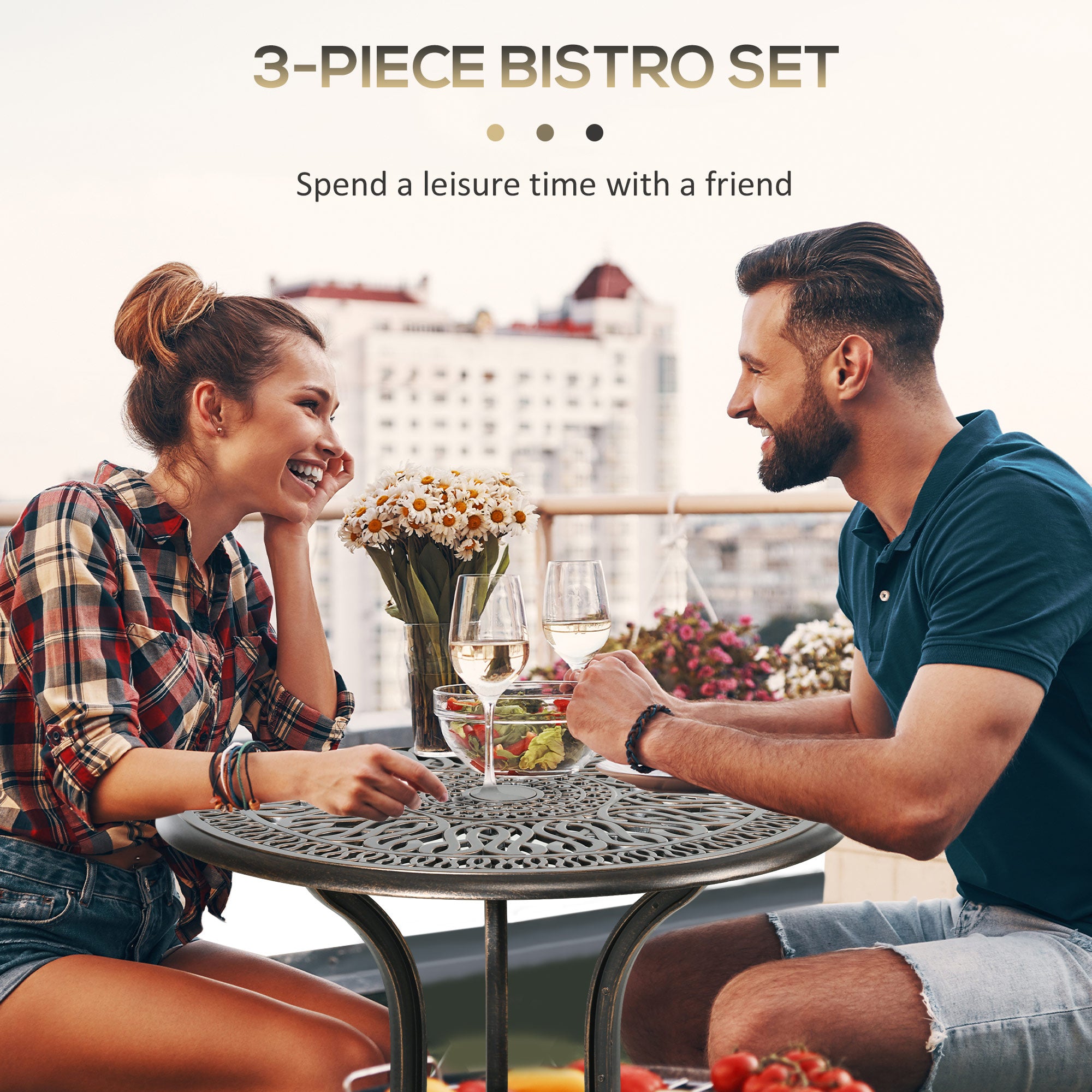 Outsunny 3 Piece Garden Bistro Set Aluminium Outdoor Furniture Set for 2 Patio Chairs and Table with Umbrella Hole Bronze Tone 