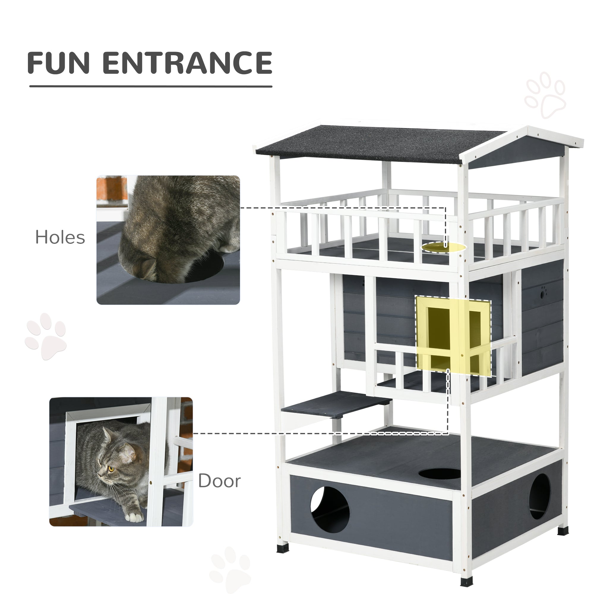 PawHut Wooden Outdoor Cat House 3-Tier for Winter Kitten Shelter Lodge w/ Tilted Roof Terrace Jump Step Bottom Tray Elevated Base Waterproof Paint Grey 