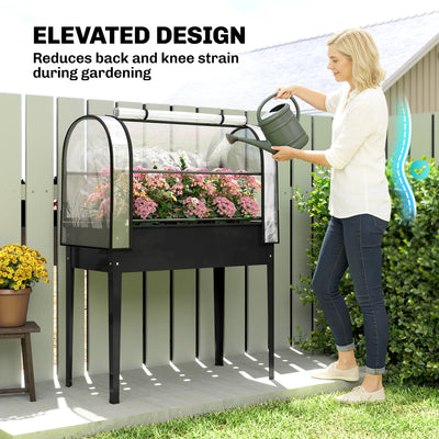 Outsunny Raised Planter with Flip-Up Greenhouse Cover, Metal Raised Garden Bed on Legs with Drainage Hole, Black 