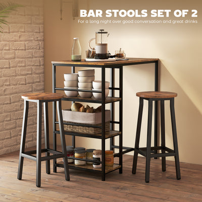HOMCOM Bar Stools Set of 2 Breakfast Bar Stools with Footrest, Industrial Round, 32 x 32 x 65 cm, Rustic Brown 