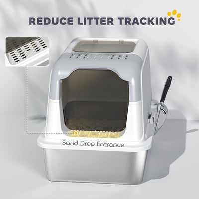 PawHut Extra Large Stainless Steel Litter Box, Enclosed Cat Litter Tray with Scoop, Deodorizer Bag, Front-Entry and Top-Exit 
