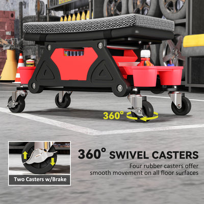HOMCOM Rolling Mechanic Stool, 135kg Capacity Workshop Stool, 360° Swivel Roller Padded Creeper Seat with Wheels, Slide Out Tool Trays and Drawer for Garage, Shop, Auto Repair, Black 