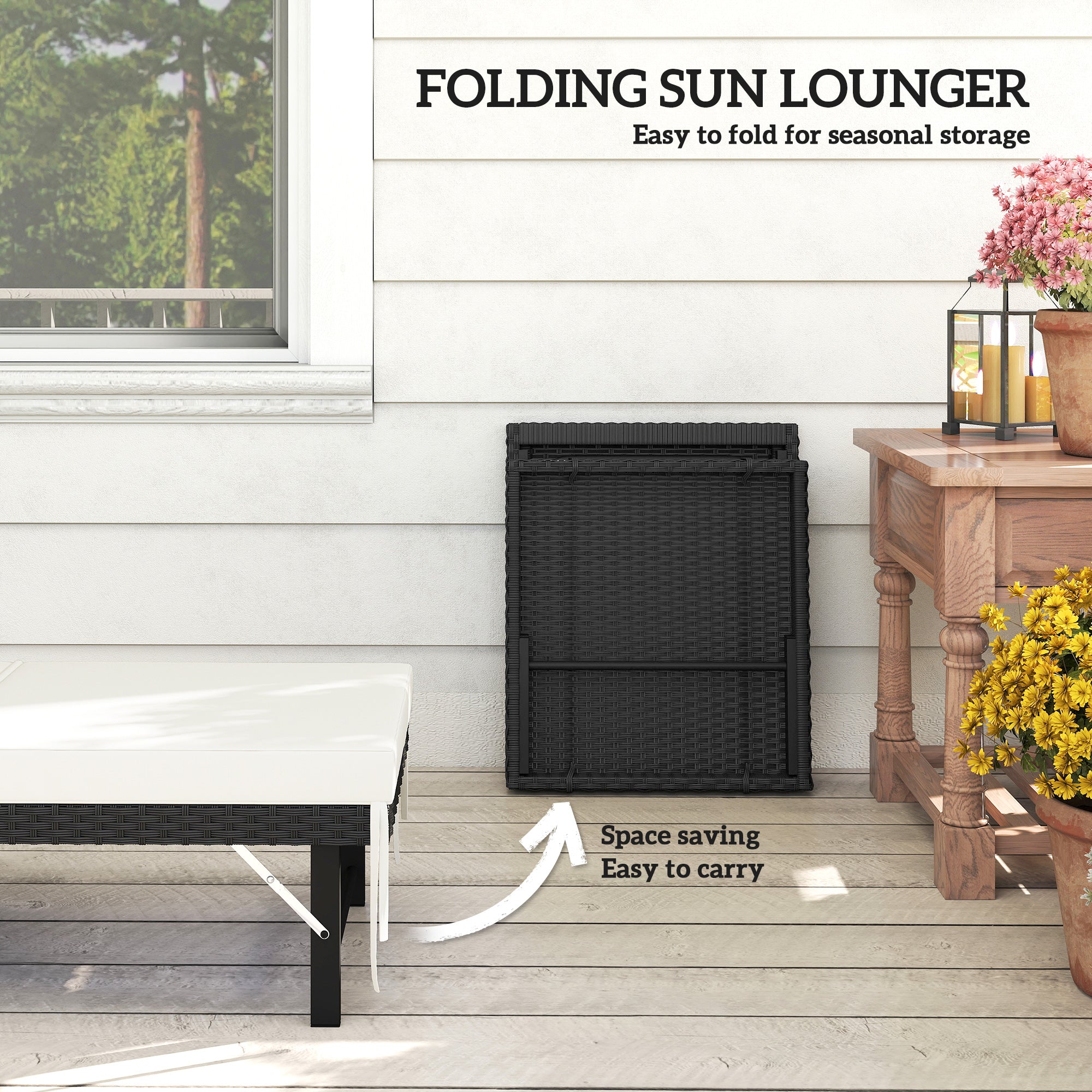 Outsunny Single Folding Rattan Sun Lounger, with Cushion - Black 