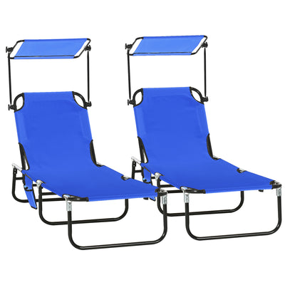 Outsunny 2 Piece Folding Sun Loungers with Canopy, Adjustable Recliner Garden Chairs with Side Pocket, Steel Frame and Breathable Mesh for Outdoor, Pool, Beach, Garden, Blue 