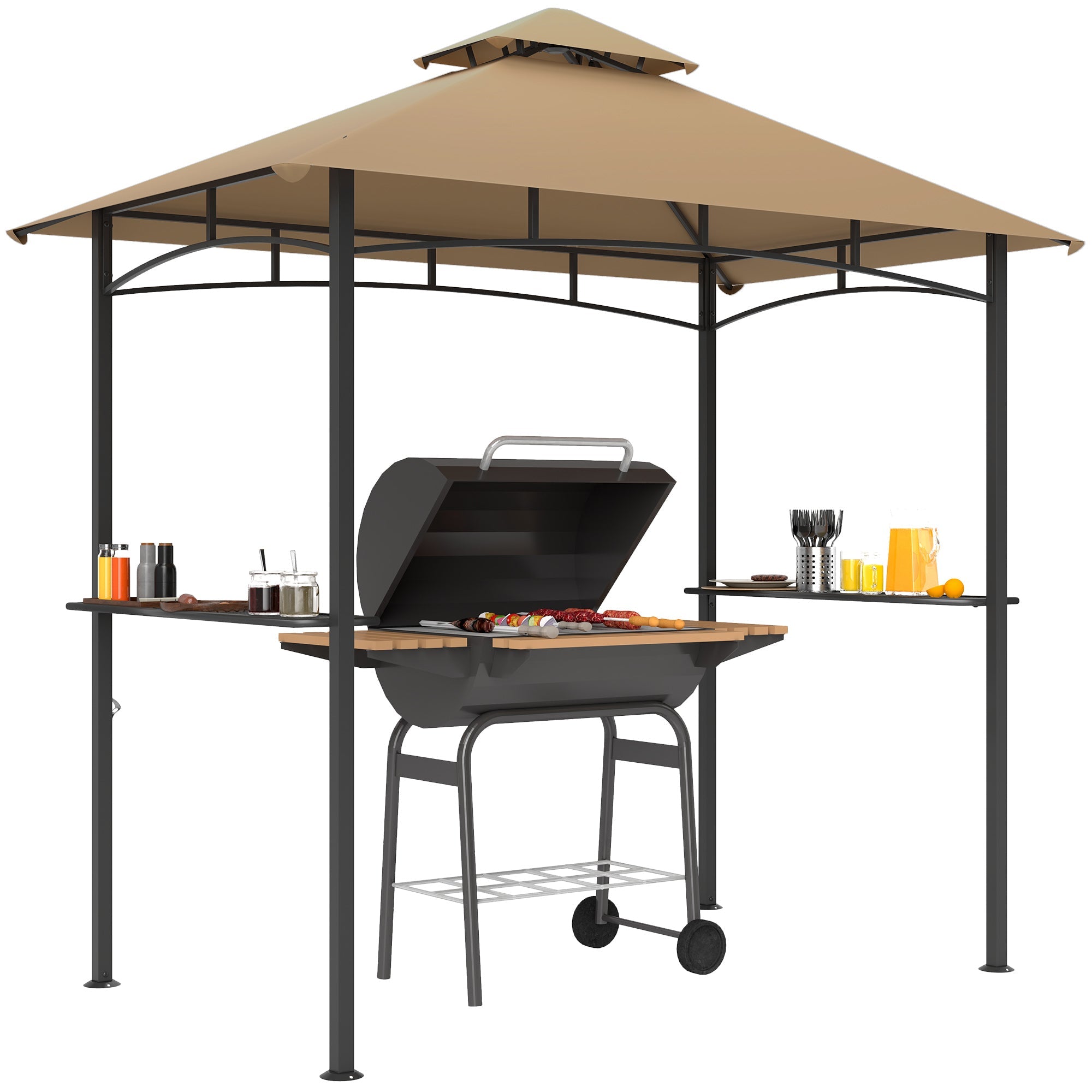 Outsunny 2.5M (8ft) New Double-Tier BBQ Gazebo Shelter Grill Canopy Barbecue Tent Shelter Patio Deck Cover - Khaki 