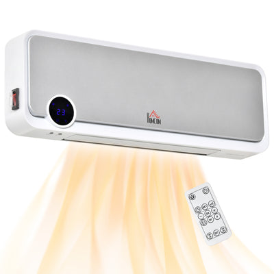 HOMCOM Wall Downflow Heater 2 Heat and Fan 1000W/2000W, Electric Space Heater with Timer Remote Oscillating, for Bedroom Home Office, White and Silver 