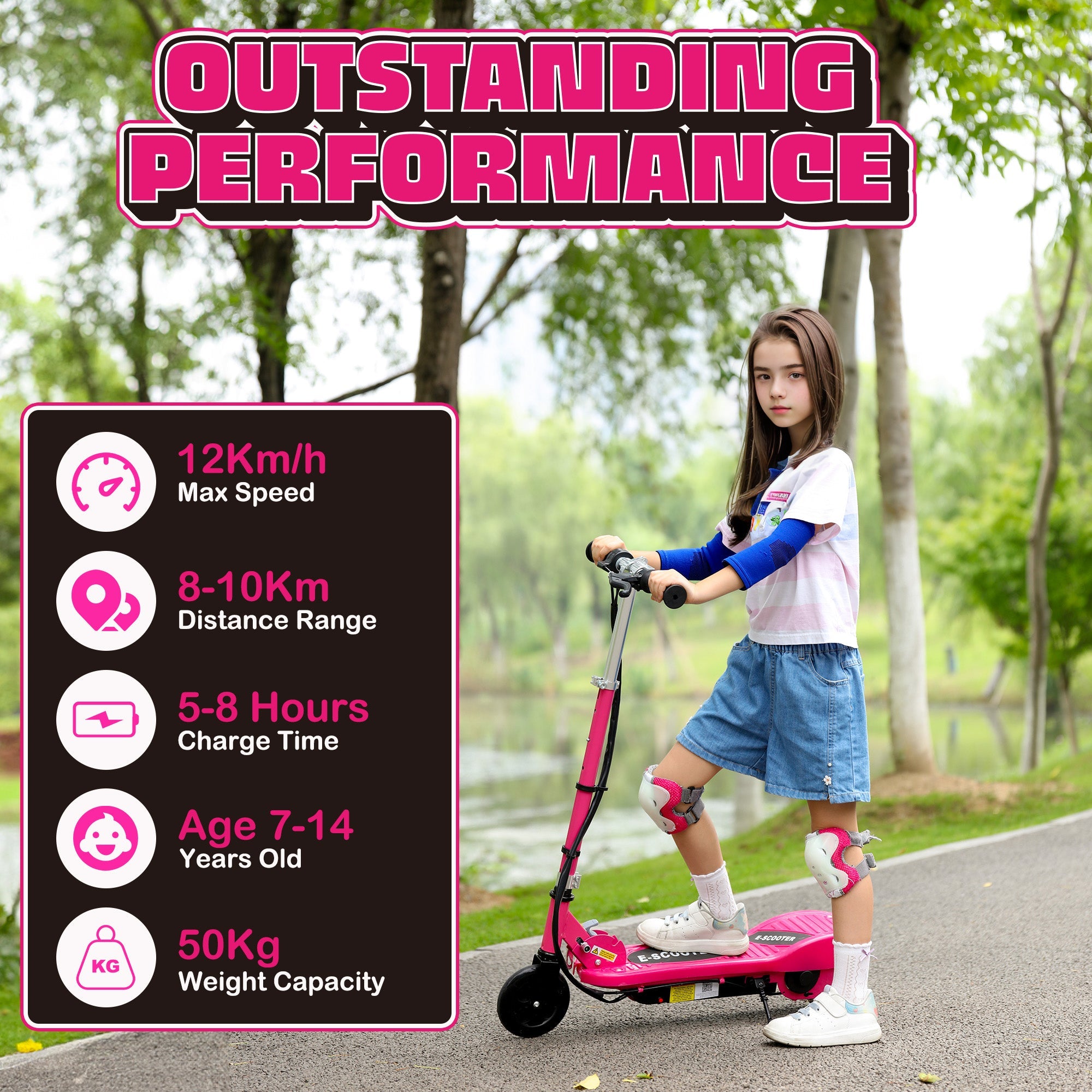 HOMCOM Foldable Electric Kids Scooter, Ride on, for Ages 7-14 Years, Pink 