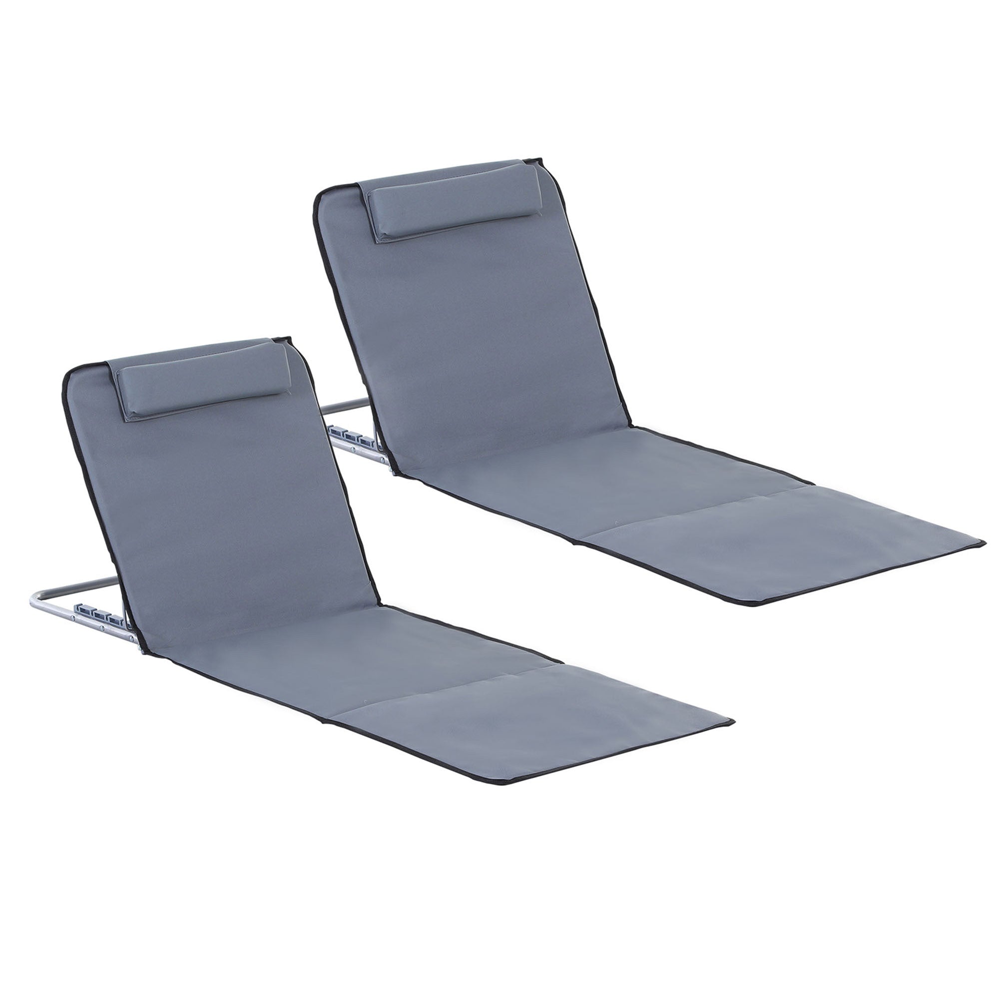 Outsunny Set of 2 Foldable Garden Beach Chair Mat Lightweight Outdoor Sun Lounger Seats Adjustable Back Metal Frame PE Fabric Head Pillow w/ Carry Bag,Grey 
