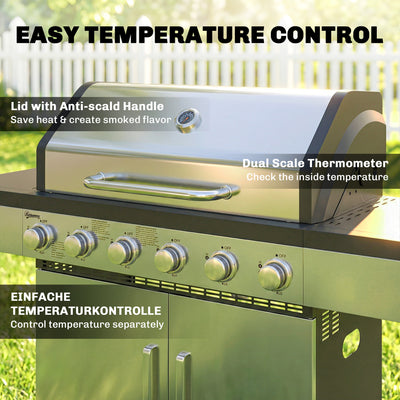 Outsunny 6 Burner Liquid Propane Gas BBQ Grill, Outdoor Portable Gas Barbecue Grill with Warming Rack, Side Tables, Cabinet 